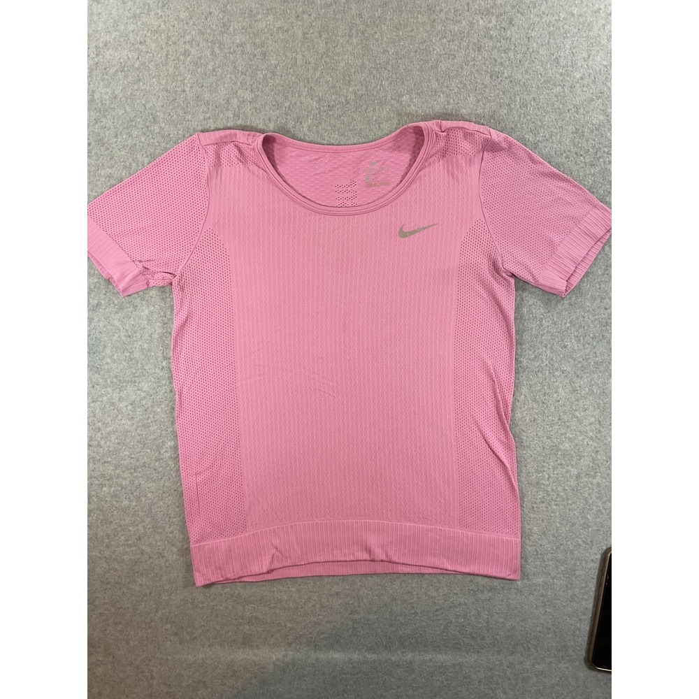 Nike Dri-FIT Womens Pink Mesh Knit Just Do It Short Sleeve Training Shirt M #726